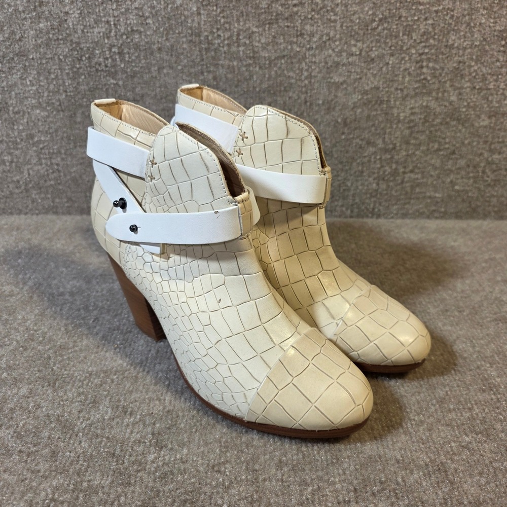 Rag & Bone Newbury Cream Croc Embossed Leather Ankle Boots 39.5 White Strap